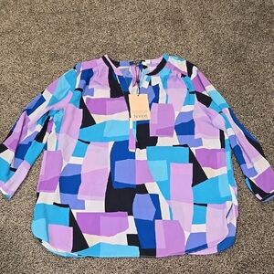 NWT NYDJ Women Colorful Geometric Top 3/4 Perfect Blouse Sz S